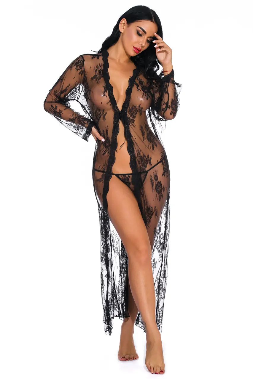3wishes.com Apparel & Accessories > Clothing > Lingerie - Long Lace Flyaway Robe - Premium Quality - Love Salve