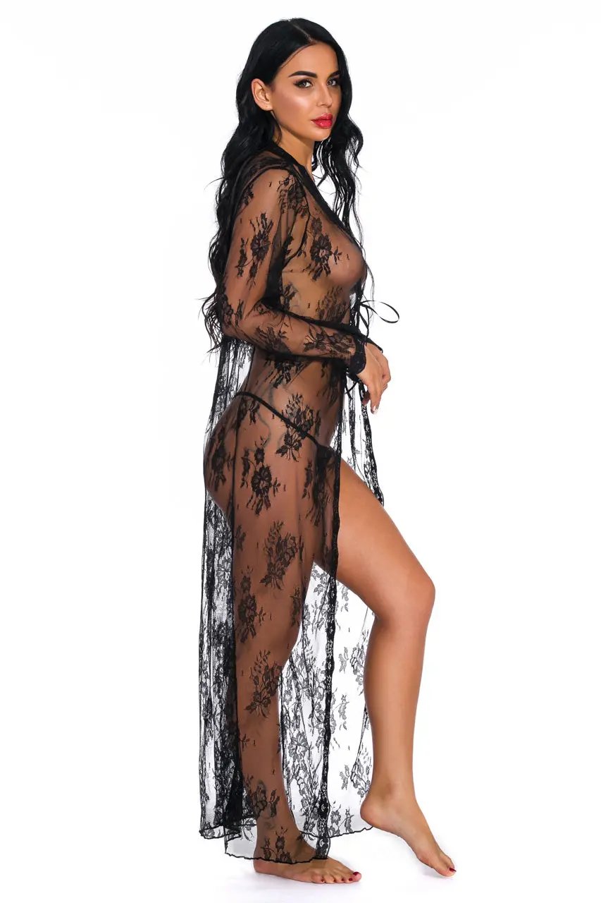 3wishes.com Apparel & Accessories > Clothing > Lingerie - Long Lace Flyaway Robe - Premium Quality - Love Salve