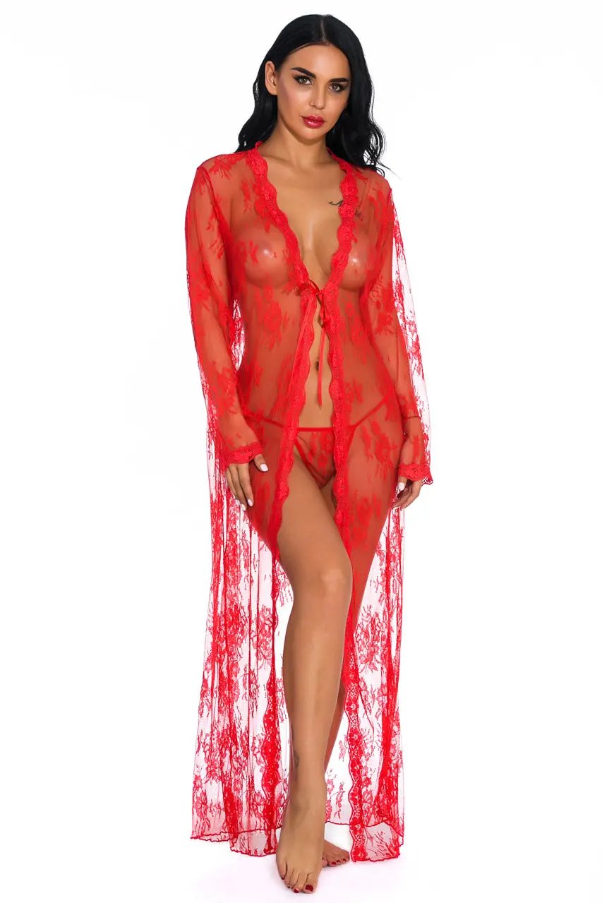 3wishes.com Apparel & Accessories > Clothing > Lingerie - Long Lace Flyaway Robe - Premium Quality - Love Salve