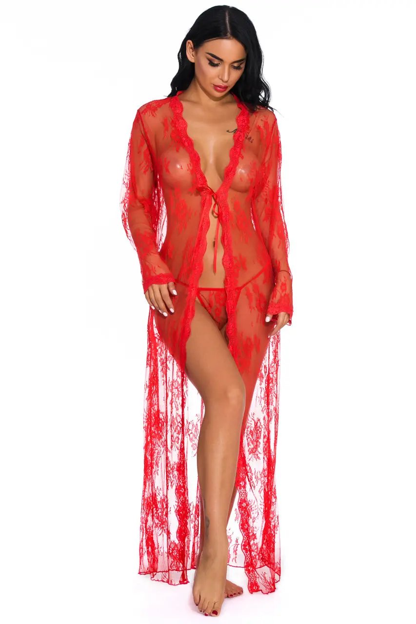 3wishes.com Apparel & Accessories > Clothing > Lingerie - Long Lace Flyaway Robe - Premium Quality - Love Salve