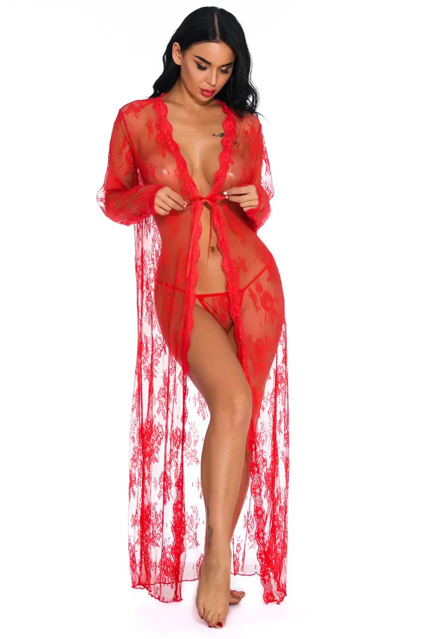 3wishes.com Apparel & Accessories > Clothing > Lingerie - Long Lace Flyaway Robe - Premium Quality - Love Salve