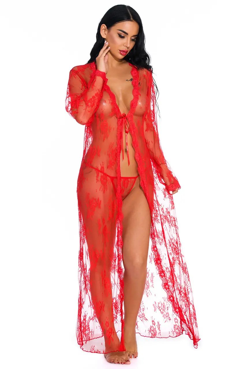 3wishes.com Apparel & Accessories > Clothing > Lingerie - Long Lace Flyaway Robe - Premium Quality - Love Salve