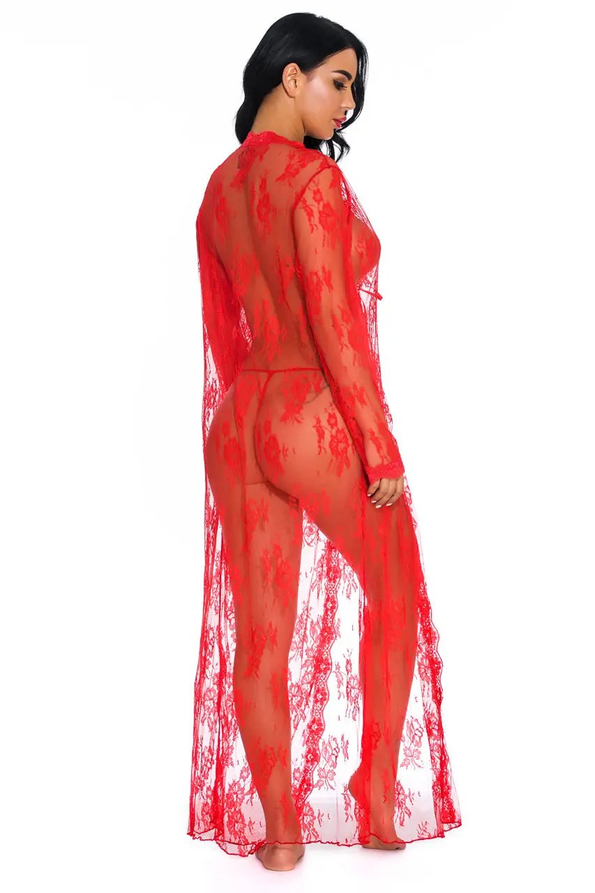 3wishes.com Apparel & Accessories > Clothing > Lingerie - Long Lace Flyaway Robe - Premium Quality - Love Salve