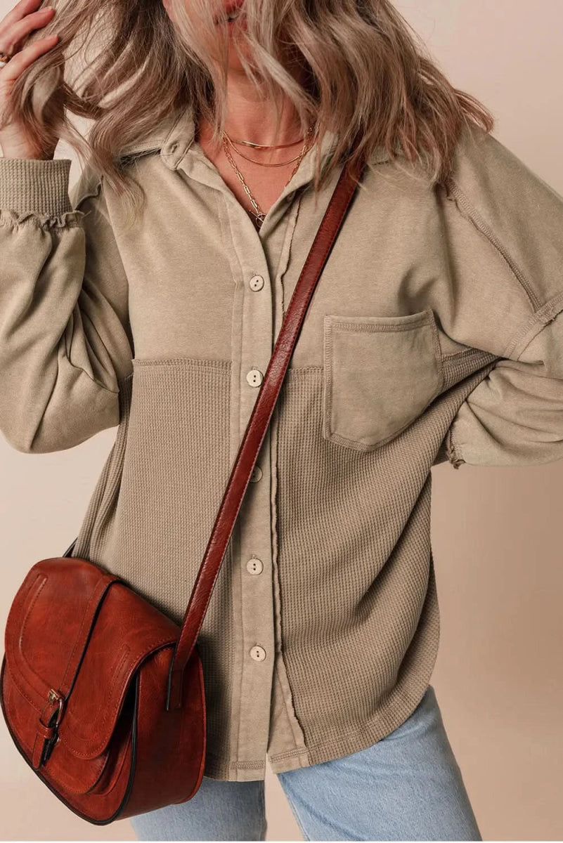 Waffle-Knit Collared Neck Long Sleeve Shacket - Love Salve 