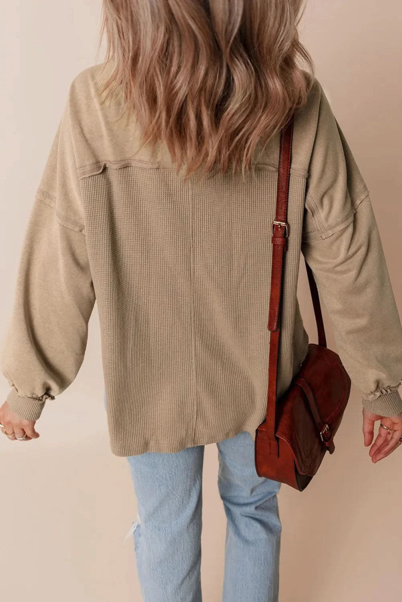 Waffle-Knit Collared Neck Long Sleeve Shacket - Love Salve 