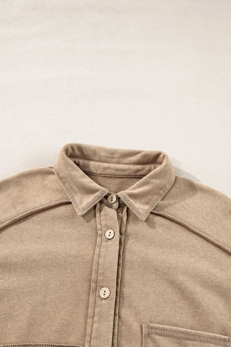 Waffle-Knit Collared Neck Long Sleeve Shacket - Love Salve 