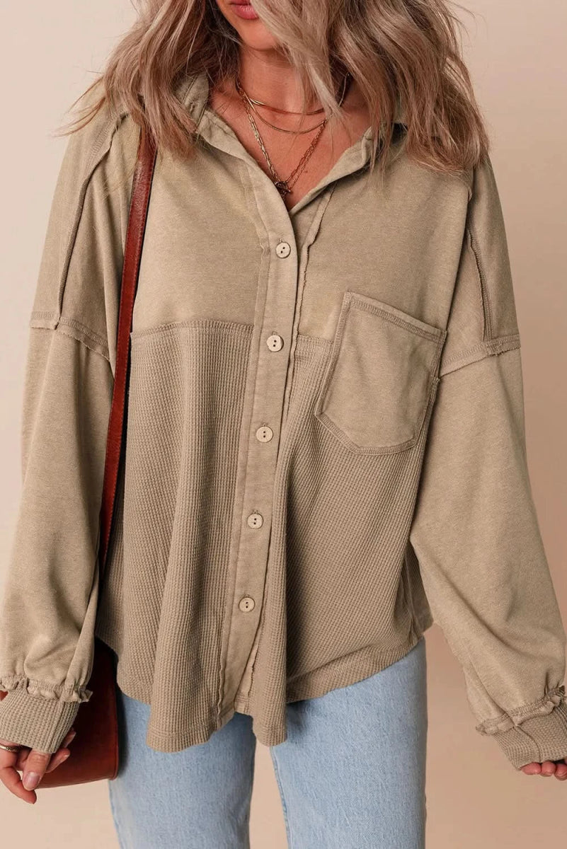 Waffle-Knit Collared Neck Long Sleeve Shacket - Love Salve 