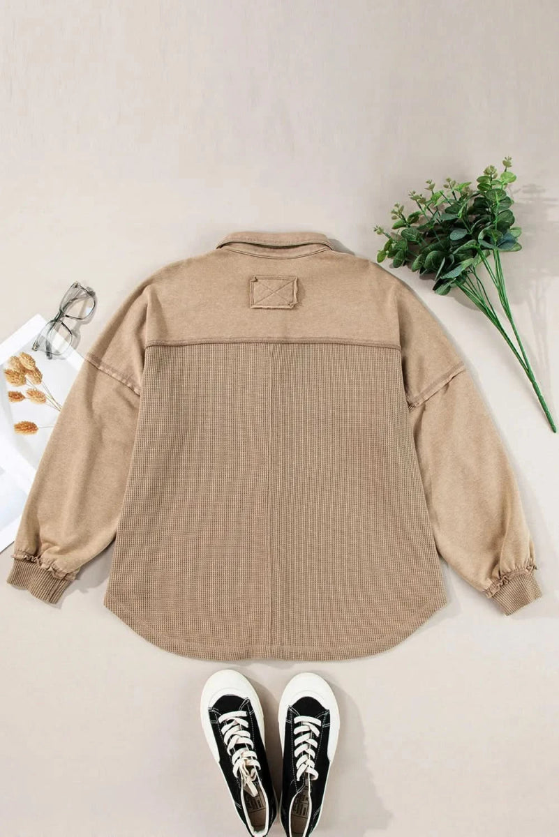 Waffle-Knit Collared Neck Long Sleeve Shacket - Love Salve 