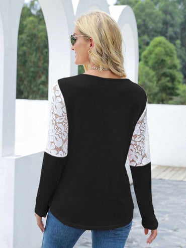 Waffle-Knit Lace Round Neck Long Sleeve T-Shirt - Love Salve 