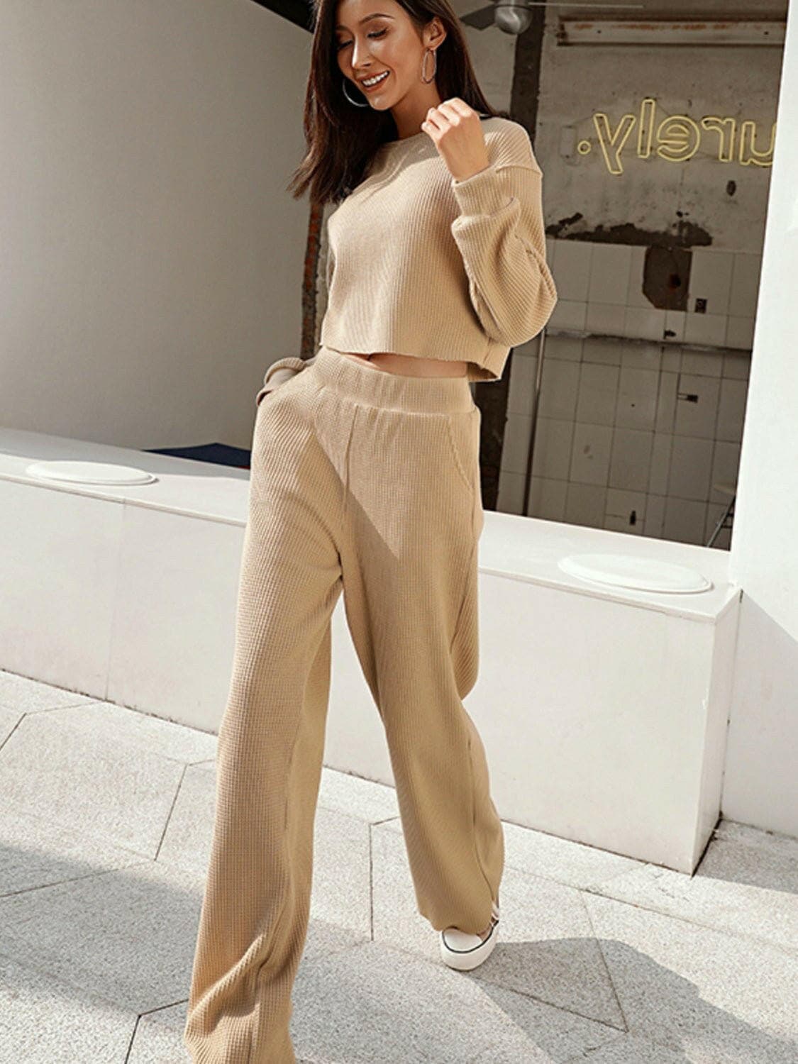 Waffle-Knit Round Neck Top and Pants Set - Love Salve