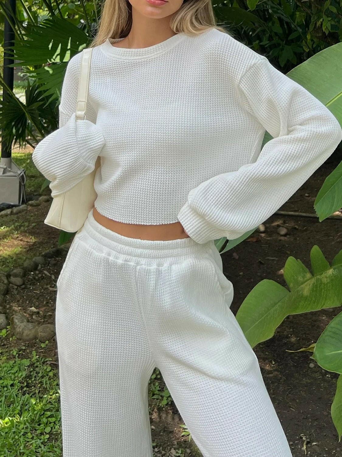 Waffle-Knit Round Neck Top and Pants Set - Love Salve