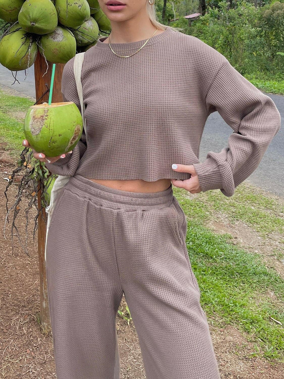 Waffle-Knit Round Neck Top and Pants Set - Love Salve