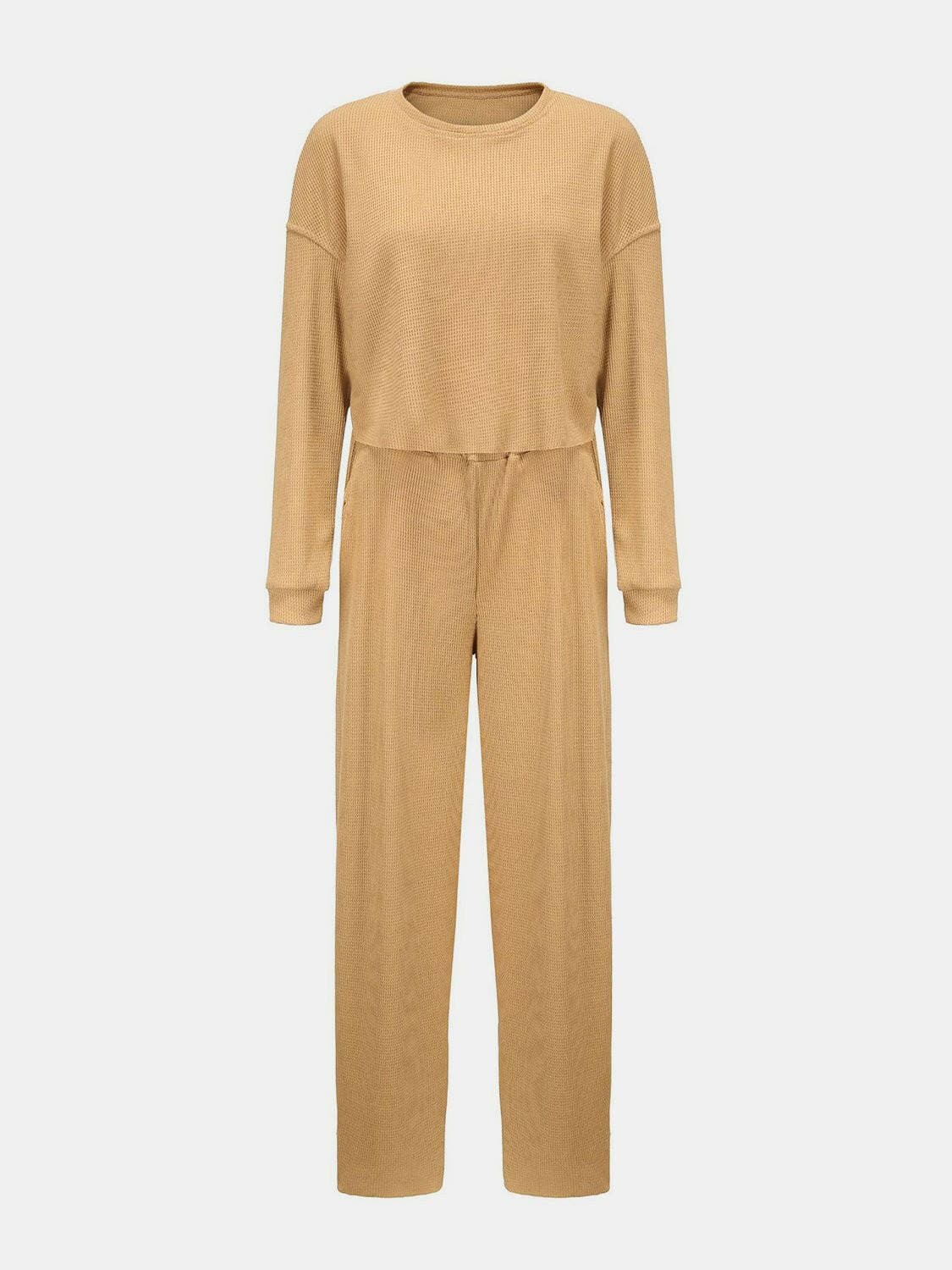 Waffle-Knit Round Neck Top and Pants Set - Love Salve