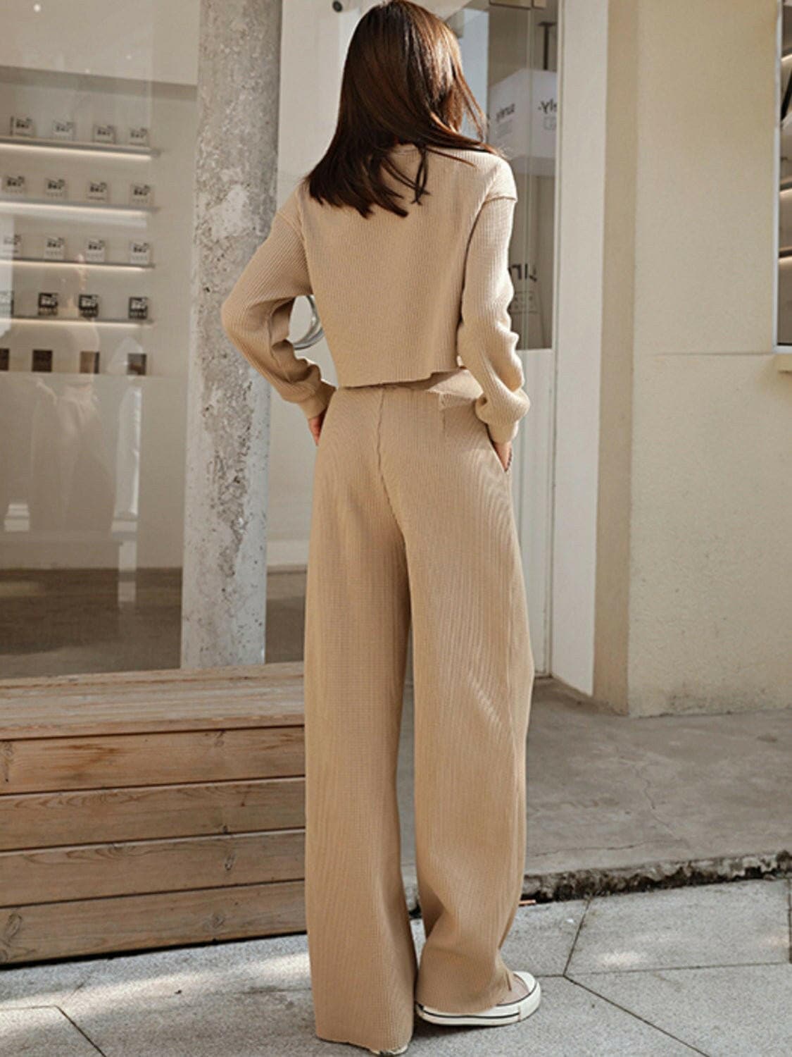 Waffle-Knit Round Neck Top and Pants Set - Love Salve