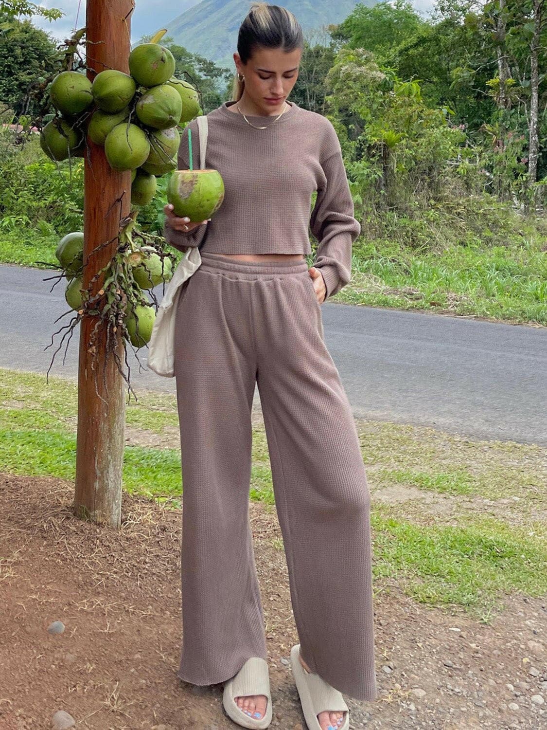 Waffle-Knit Round Neck Top and Pants Set - Love Salve