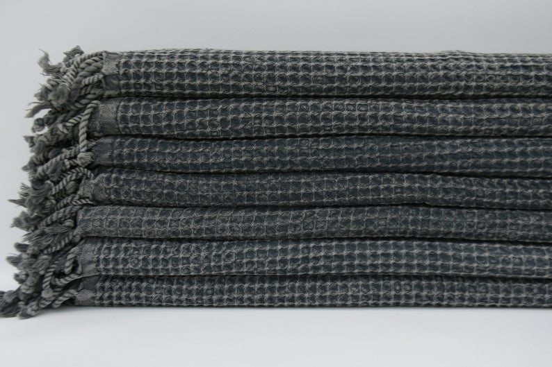 Black Waffle Turkish Towel 40 Inch by 70 Inch Hand Loomed Natural Cotton - Love Salve 