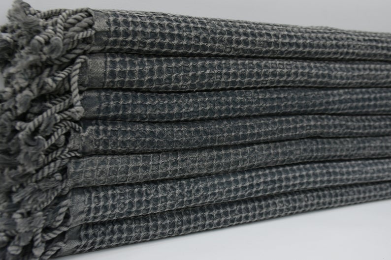 Black Waffle Turkish Towel 40 Inch by 70 Inch Hand Loomed Natural Cotton - Love Salve 