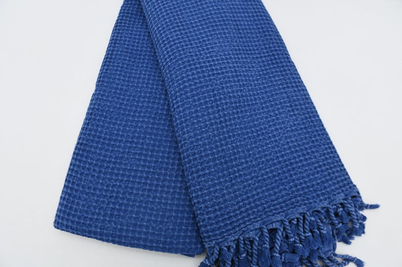 Navy Waffle Turkish Towel 40 Inch x 70 Inch Hand Loomed 100 Percent Natural Cotton - Love Salve 