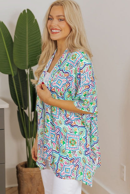 White Bohemian Floral Rhinestone Embellished Kimono with 3/4 Sleeves - Love Salve 