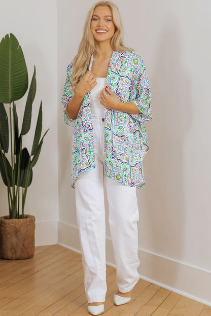 White Bohemian Floral Rhinestone Embellished Kimono with 3/4 Sleeves - Love Salve 