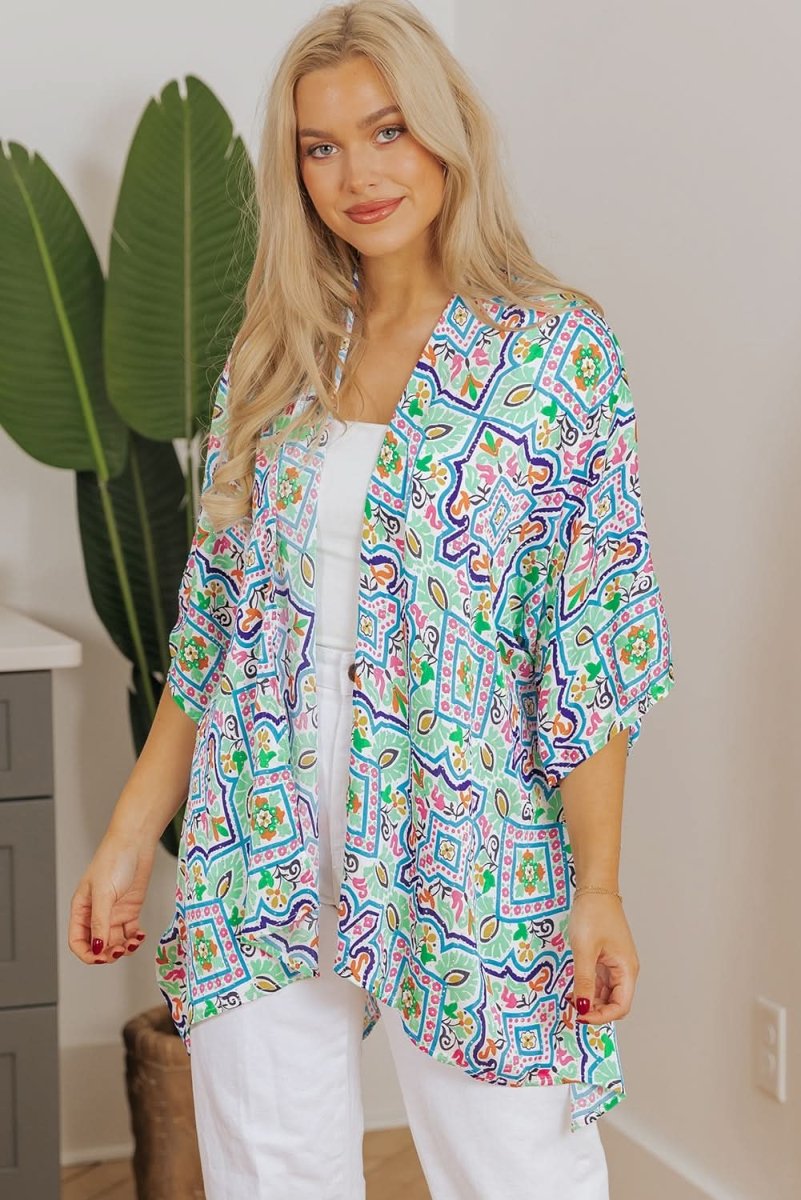 White Bohemian Floral Rhinestone Embellished Kimono with 3/4 Sleeves - Love Salve 