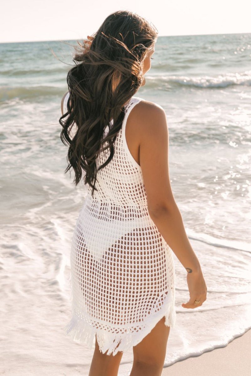 White Boho Fringe V Neck Crochet Beach Cover-Up - Love Salve 