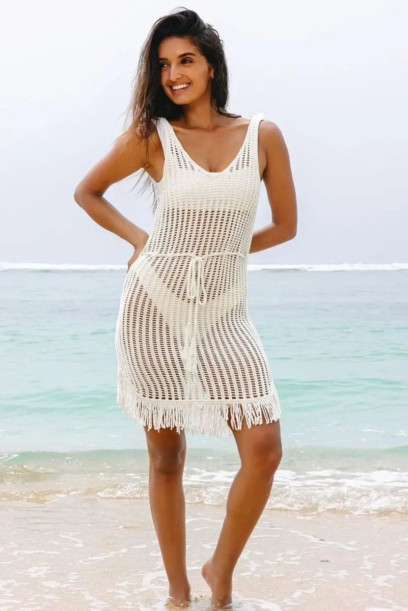 White Boho Fringe V Neck Crochet Beach Cover-Up - Love Salve 