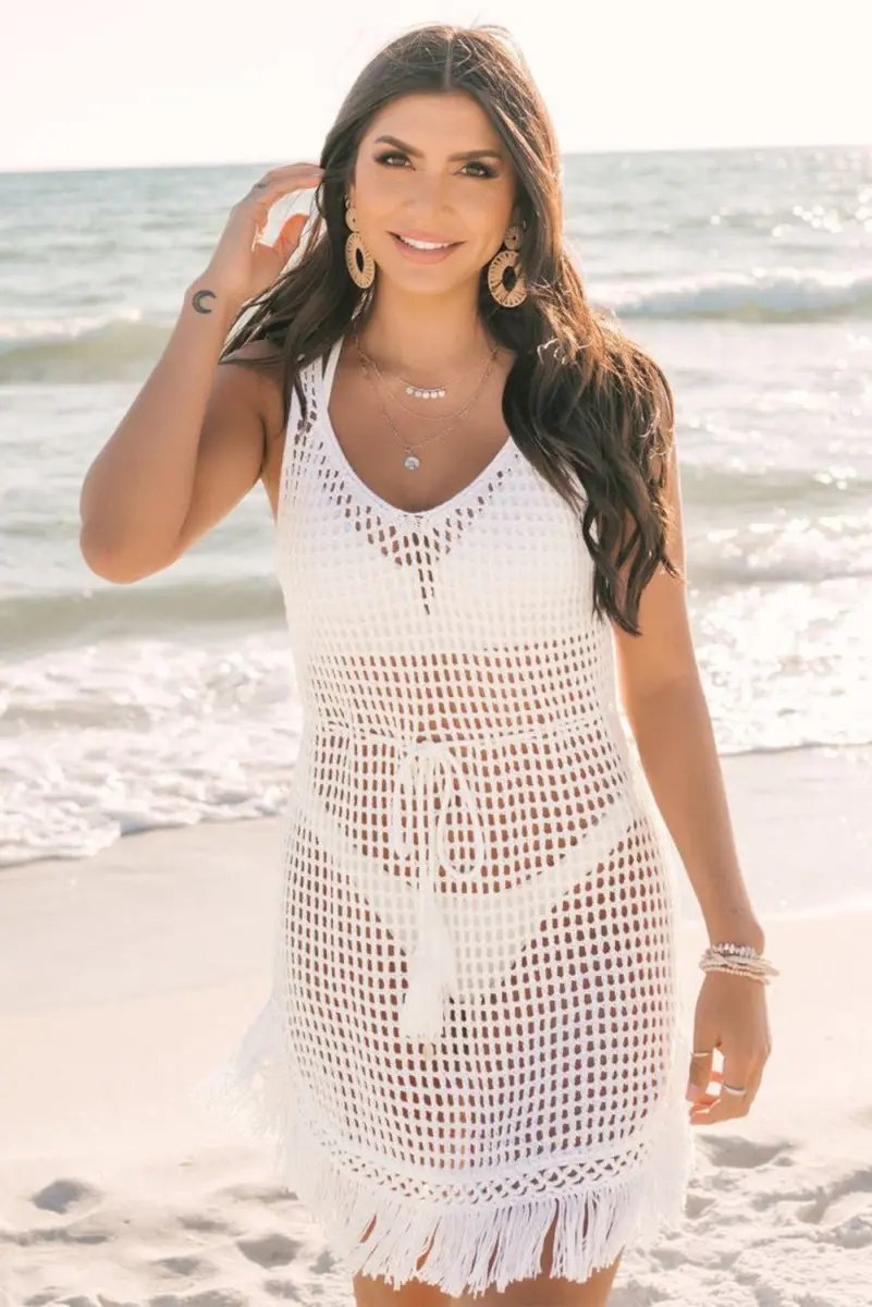 White Boho Fringe V Neck Crochet Beach Cover-Up - Love Salve 