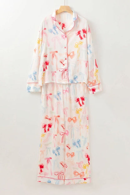 White Bow Knot Print Lapel Collar Wide Leg Satin Pajama Set - Love Salve 