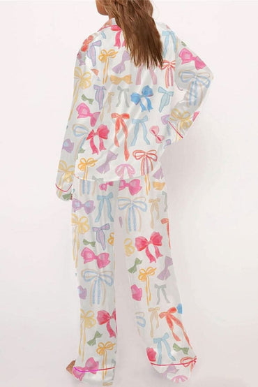 White Bow Knot Print Lapel Collar Wide Leg Satin Pajama Set - Love Salve 