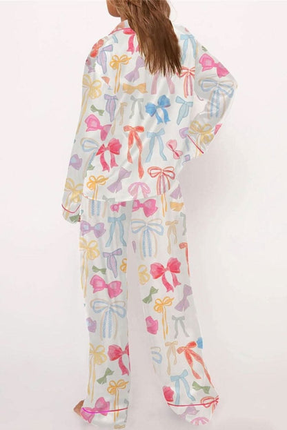 White Bow Knot Print Lapel Collar Wide Leg Satin Pajama Set - Love Salve 