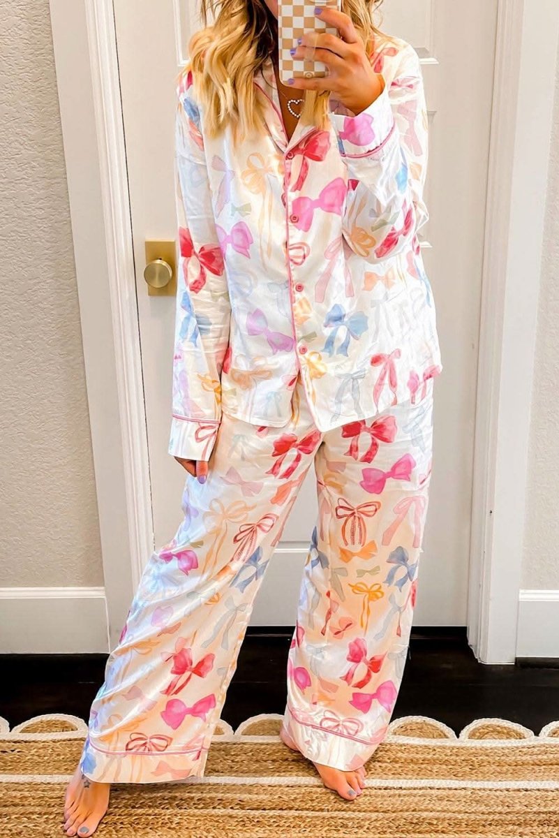 White Bow Knot Print Lapel Collar Wide Leg Satin Pajama Set - Love Salve 