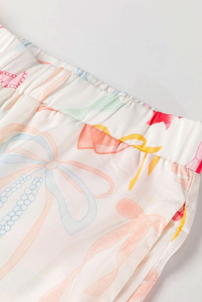 White Bow Knot Print Lapel Collar Wide Leg Satin Pajama Set - Love Salve 