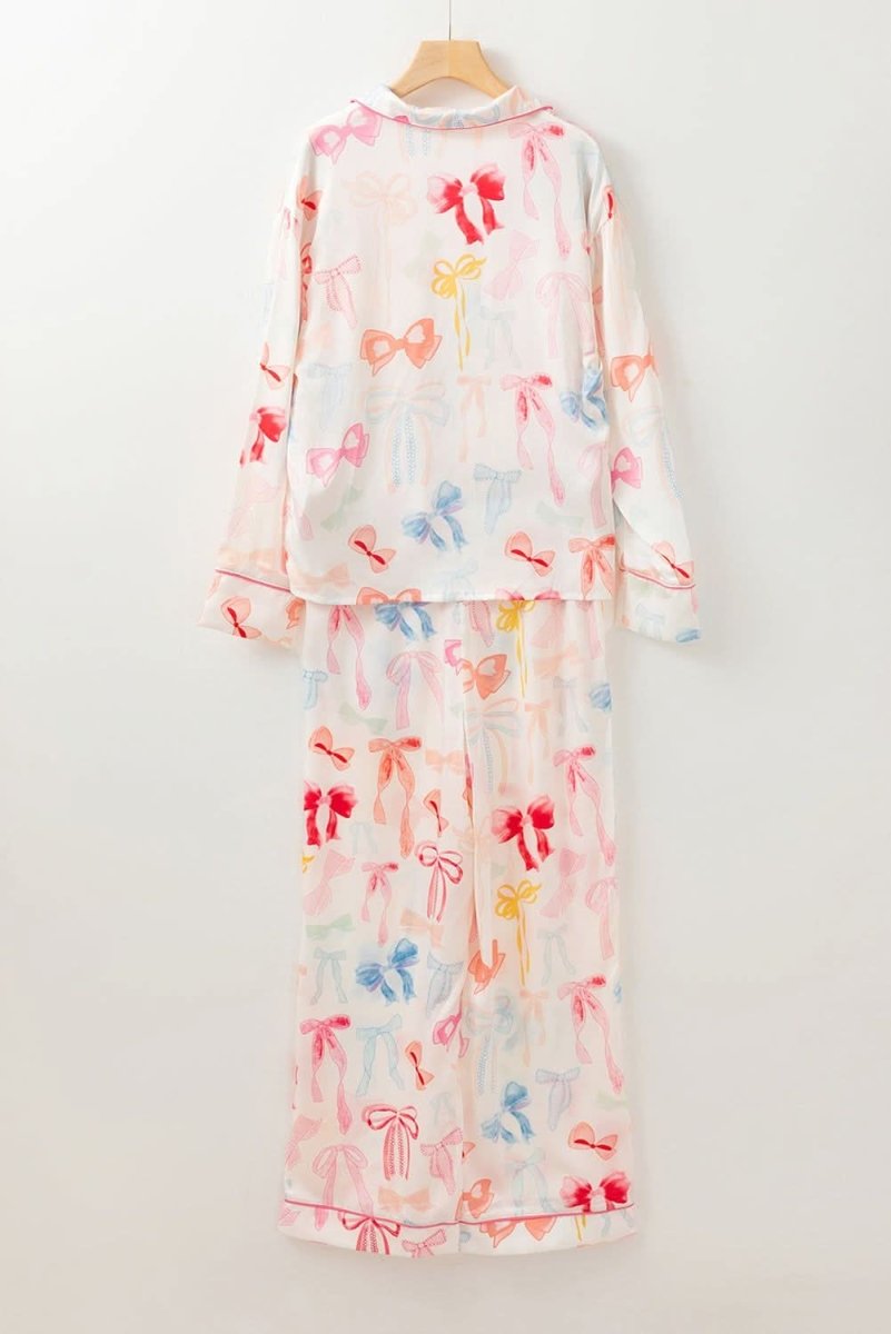 White Bow Knot Print Lapel Collar Wide Leg Satin Pajama Set - Love Salve 
