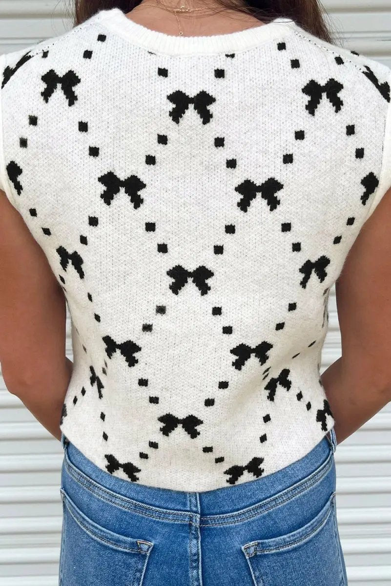 White Bow Pattern Buttoned Side Cropped Sweater Vest for Women - Love Salve 