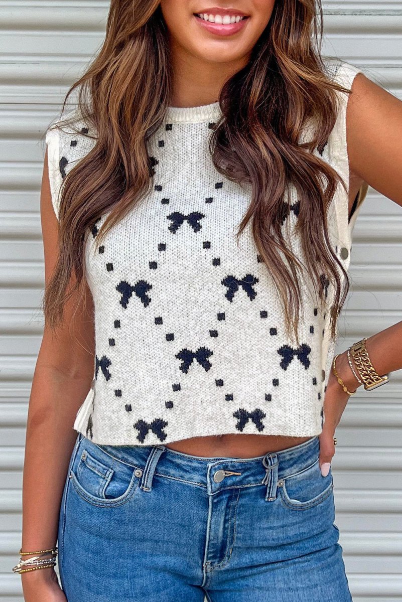 White Bow Pattern Buttoned Side Cropped Sweater Vest for Women - Love Salve 