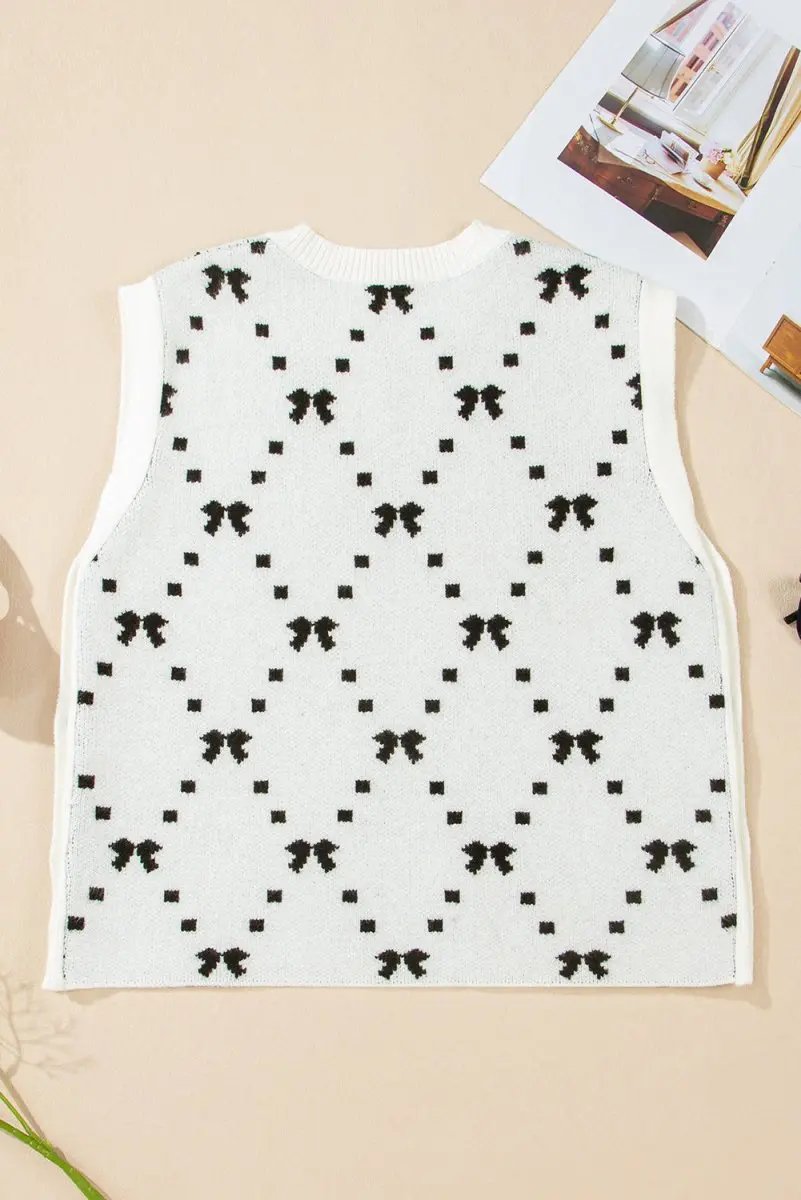 White Bow Pattern Buttoned Side Cropped Sweater Vest for Women - Love Salve 