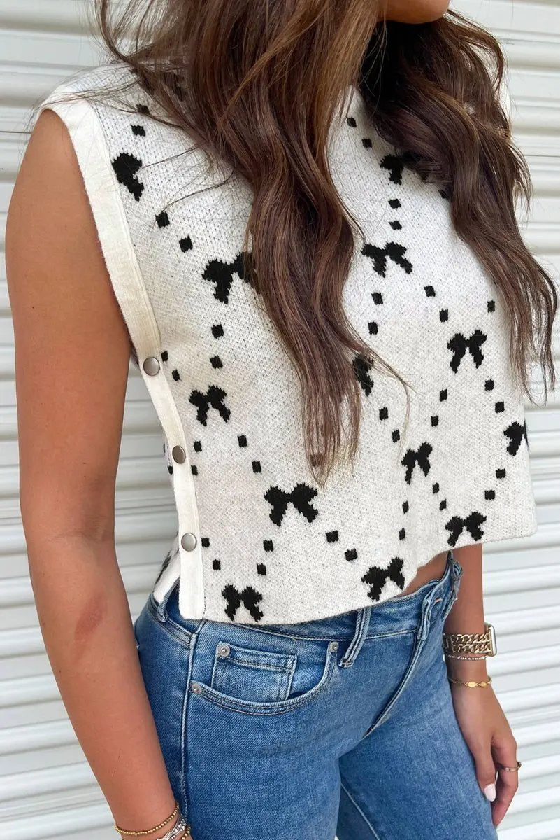 White Bow Pattern Buttoned Side Cropped Sweater Vest for Women - Love Salve 