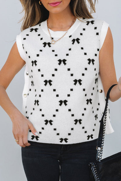 White Bow Pattern Buttoned Side Cropped Sweater Vest for Women - Love Salve 