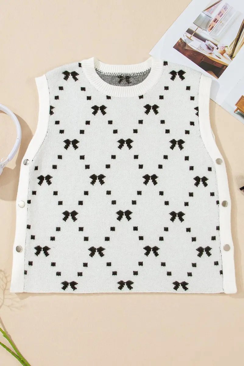 White Bow Pattern Buttoned Side Cropped Sweater Vest for Women - Love Salve 