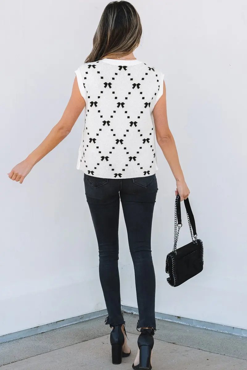 White Bow Pattern Buttoned Side Cropped Sweater Vest for Women - Love Salve 