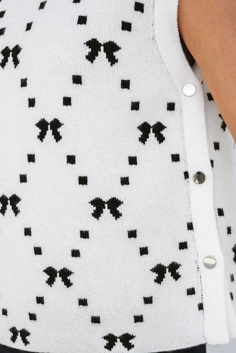 White Bow Pattern Buttoned Side Cropped Sweater Vest for Women - Love Salve 