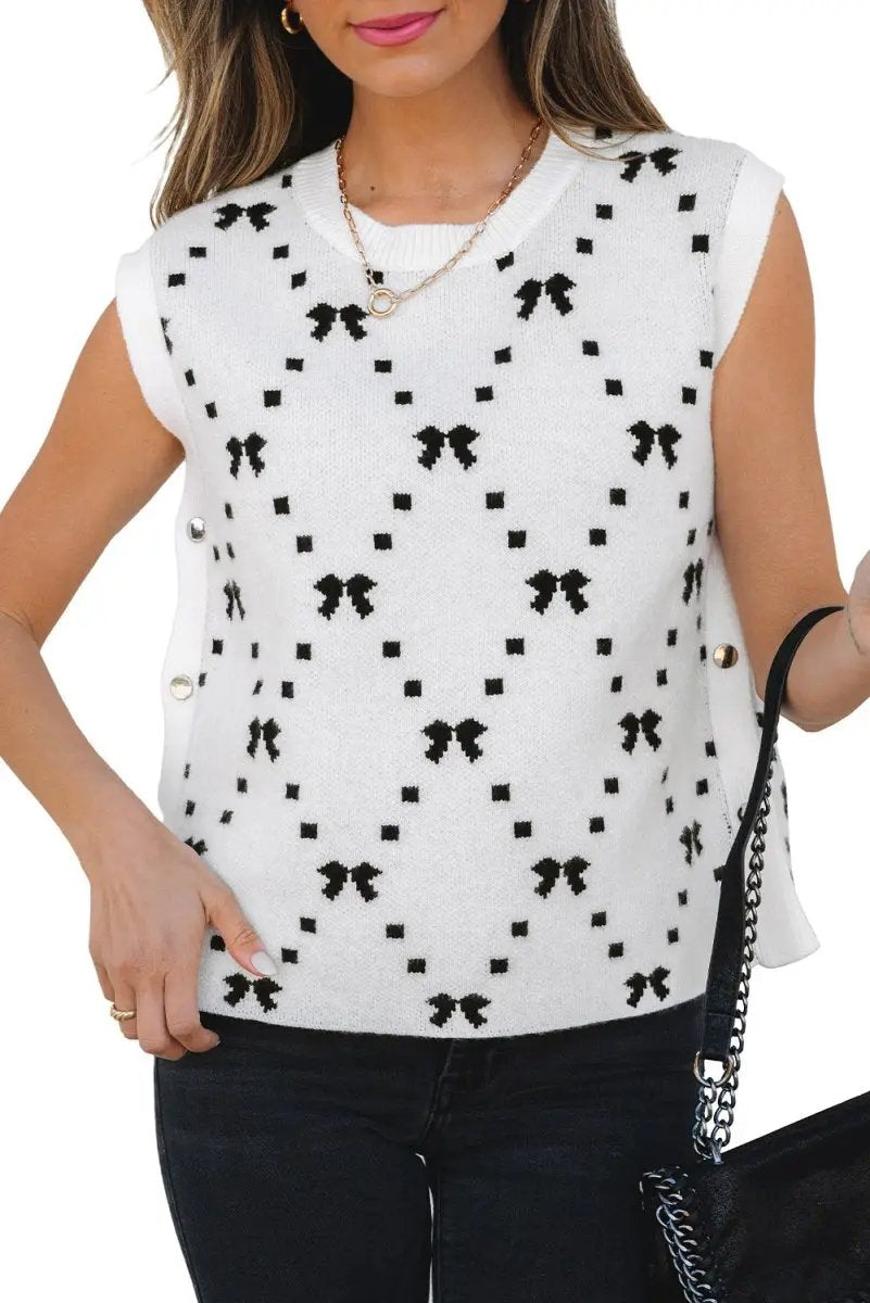 White Bow Pattern Buttoned Side Cropped Sweater Vest for Women - Love Salve 