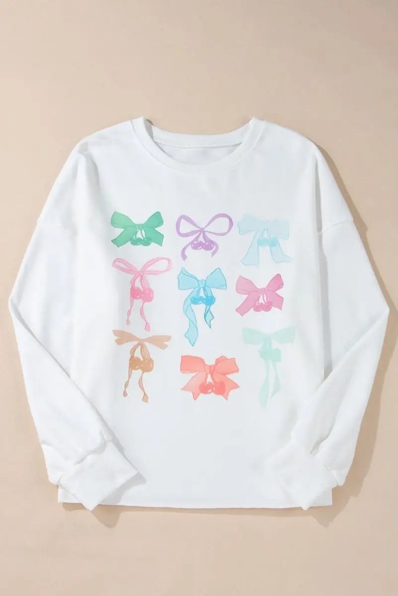 White Bowknot Pattern Drop Shoulder Loose Sweatshirt - Love Salve 