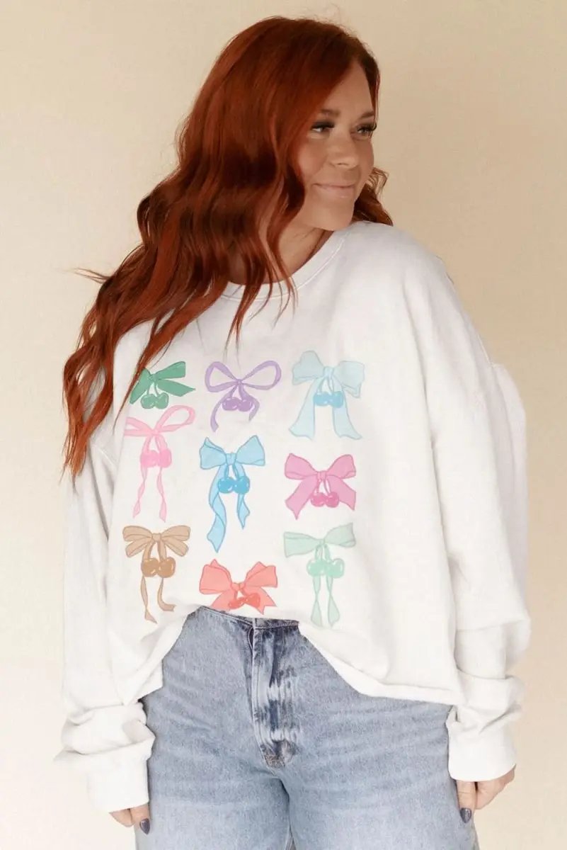 White Bowknot Pattern Drop Shoulder Loose Sweatshirt - Love Salve 
