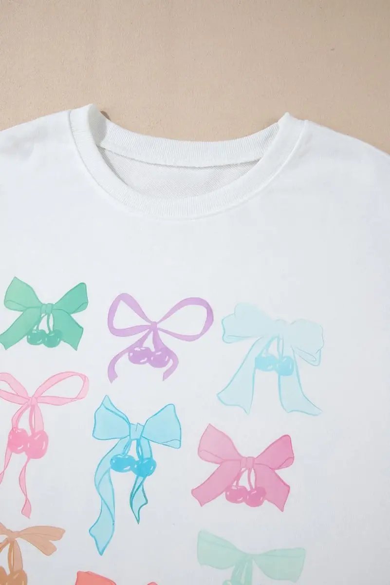 White Bowknot Pattern Drop Shoulder Loose Sweatshirt - Love Salve 