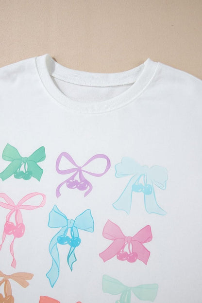 White Bowknot Pattern Drop Shoulder Loose Sweatshirt - Love Salve 