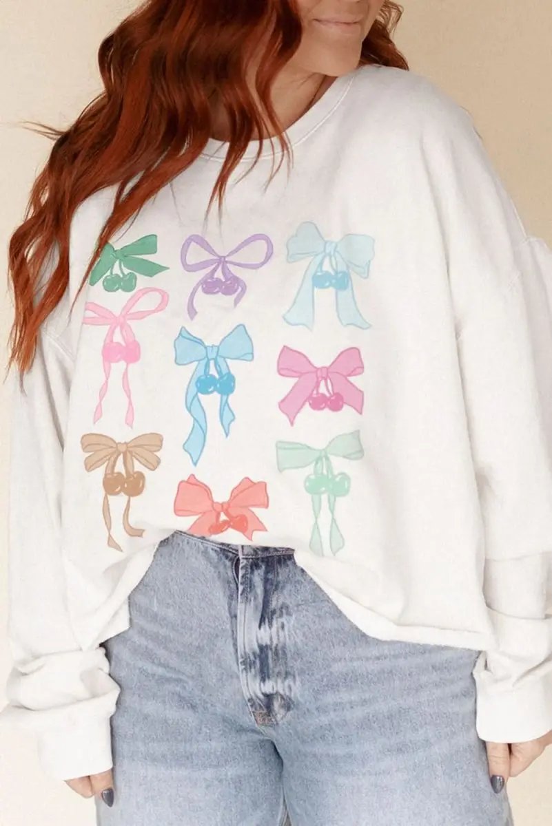 White Bowknot Pattern Drop Shoulder Loose Sweatshirt - Love Salve 