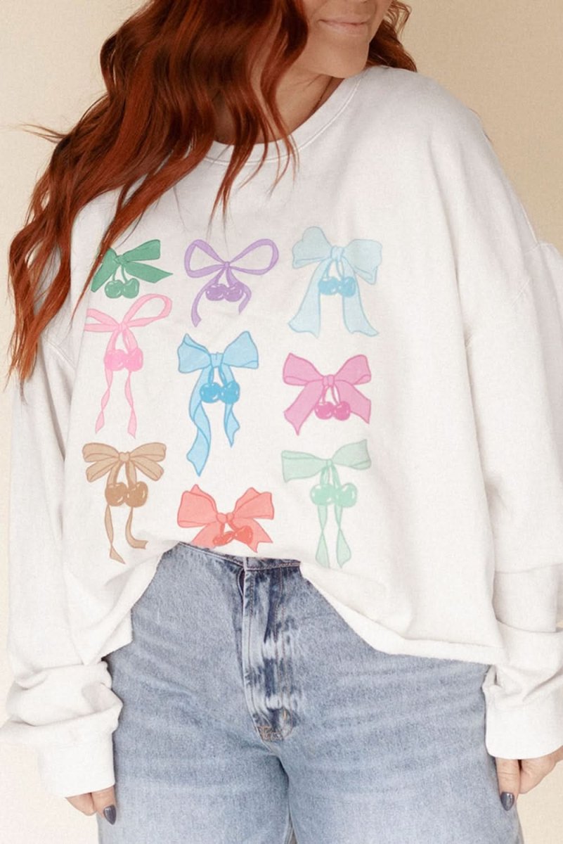 White Bowknot Pattern Drop Shoulder Loose Sweatshirt - Love Salve 