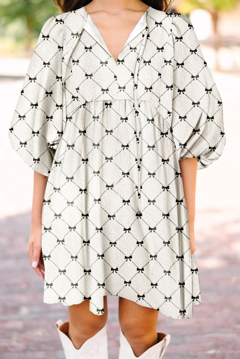 White Bowtie Pattern Textured Puff Half Sleeve Mini Dress - Love Salve 